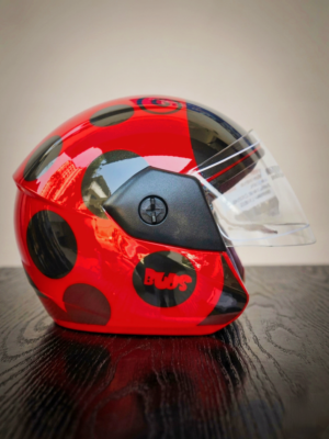 Vega kids open face helmet buds beetle black red studds steelbird